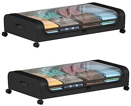 2 Stück Unterbett-Kleideraufbewahrung mit Rollen, Unterbett-Aufbewahrungsbehälter, Rollende Unterbett-Aufbewahrung, Metallschublade, Organisation und Aufbewahrung für Kleidung,(2 Stück, Schwarz)
