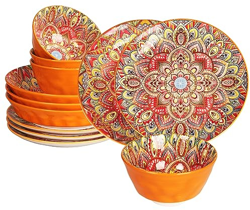 YA JU Mandala Dinnerware Sets (12 Pcs) Serves 4, Buffet Dinnerware, Boho Plates and Bowls Dish Set with 8 salad Plate 8 Dessert Plate 4.8 bowl, apply Casual dining Indoor Outdoor Dining Party