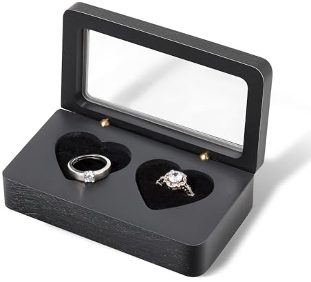 Wislist Ring Box for Wedding Ceremony, Wooden Double Heart Ring Bearer Holder for Wedding and Engagement (Black Rectangle)