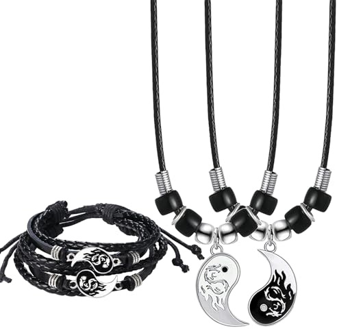 Cupimatch Paar Kette Armband YinYang: Tai Chi Anhänger Pärchen Halskette Armbänder Freundschaftskette für Sie und Ihn 2 Verliebte Paar Schmuck Herren Damen Geschenk für Partner Paare