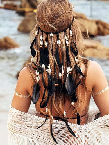 Reaky Feder-Stirnband, schwarz, Boho-Kopfschmuck, indische Feder-Stirnbänder, Haarteil, Festival, Kostüm, Haarschmuck für Damen