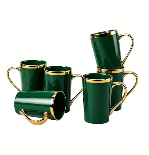 Loymokinar Coffee Cups 12 oz, Porcelain, 6 Pieces, Emerald/Gold