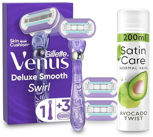 Gillette Venus Deluxe Smooth Swirl Rasierer Damen Set, Damenrasierer + 3 Rasierklingen mit 5-fach Klinge + Satin Care Intimpflege Rasiergel (200 ml), Avocado Twist, Geschenk für Frauen