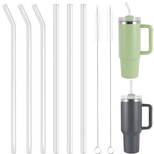 Glasstrohhalme 31cm Lange 6Pcs for Stanley Adventure Travel Tumbler 40oz, Klare Wiederverwendbare Strohhalme Glas mit 2 Reinigungsbürste, Stanley Cup Zubehör Ersatz-Strohhalmen (3 gerade + 3 gebogen)