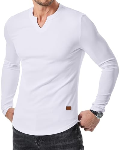 JMIERR Mens Shirts Casual V-Neck Muscle Slim Fitted Workout Gym Athletic T-Shirts Fall Fashion Long Sleeve Henley Shirt for Men, M, White