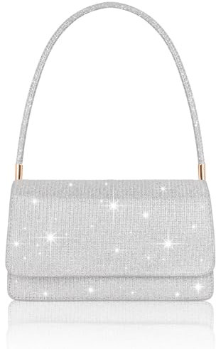 Toptime Clutch Silber, Glitzer Handtasche Damen Klein mit 2 Fächern, Pailletten Abendtasche mit Tragegriff, Elegant Silberne Tasche Schultertasche Damen für Abschlussball, Hochzeit, Bankett, Party