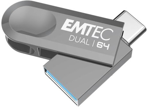 EMTEC - Clé USB 3.2 USB-A Type-C Dual D280 ECMMD64GD283 - Flash Drive Compatibilité Universelle USB 3.2 - Lecture 80Mo/s, Écriture 20Mo/s, Eco Design, 64Go/GB , 1 unité
