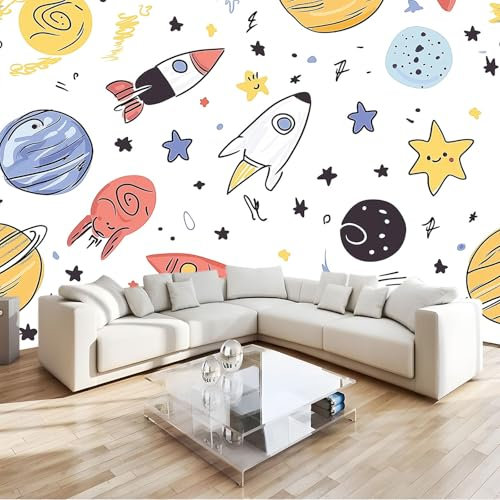 Wandgemälde Tapete Gekritzel Weltraum Planet Rakete Fototapete Für Schlafzimmer Wohnzimmer Sofa Tv Hintergrund Wanddekoration Vliespapier, 400 x 280 cm Wanddeko Wohnzimm