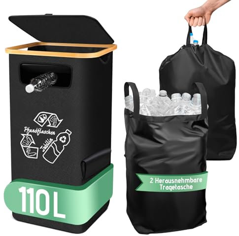 Jubilin Pfandflaschen Sammelbehälte mit Deckel, Pfandflaschen Aufbewahrung [2 abnehmbaren Aufbewahrungstaschen], Faltbarer Wasserdicht Flaschensammler für Küche, 110L (Schwarz)