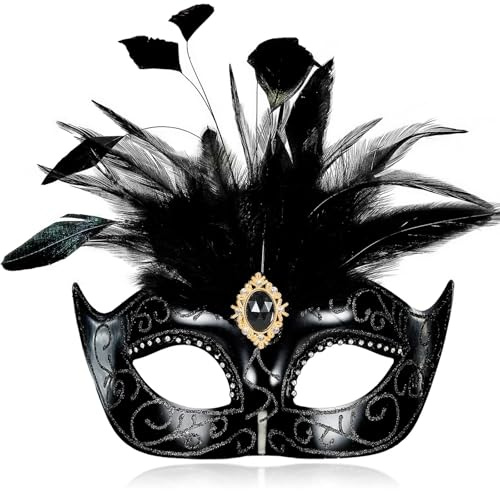 MYSEUNI 2025 Schwarze Maskerade-Masken für Damen mit Federn, venezianische Maske für Maskenball, Halloween