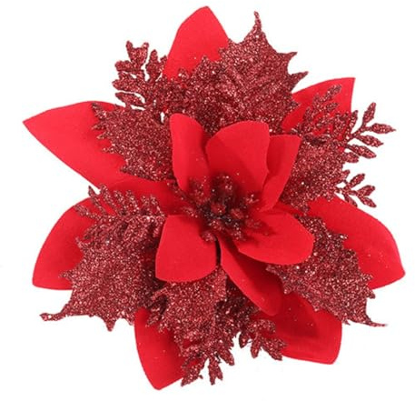champracer 12 Stück Glitzernde Weihnachtssterne 14 cm Poinsettia Weihnachtsblumen für Festliche Baumdekorationen und Weihnachtsfeiern (Rot)