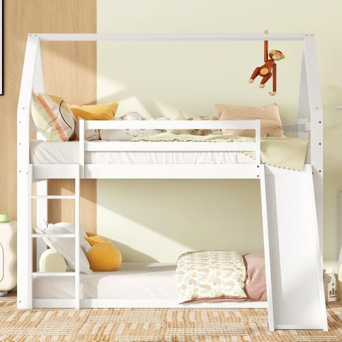 AUJDKDH Einzelbett Kinderbett Hausbett Etagenbett mit Rutsche und Leiter, Weiß, 90x200cm