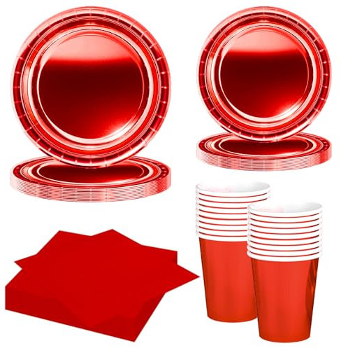 MORAINJAY Set de 68 Piezas de Vajilla de Fiesta Rojo, Platos, Vasos, Servilletas, para Cumpleaños, Bodas, Baby Shower, Graduación, Aniversario, Fiestas, Suministros para 16 Invitados