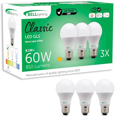 BELL Lighting E27 LED GLS Light Bulbs 8.1W 810lm Warm White 2700K 3 Pack | Non-dimmable E27 Edison screw LED GLS bulbs with 2700K warm white light, 810lm output and 60W equivalent brightness.