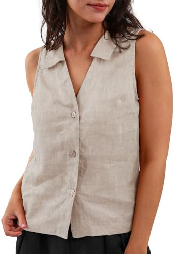 Amazhiyu Weste Damen Leinenweste Ärmellos Anzugweste Damen-Westen, V-Ausschnitt Weste Kurz Damenwesten Elegant, Knopfleiste, Regular Fit, Leinen, S