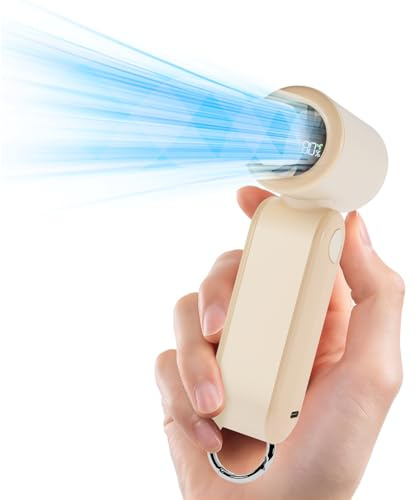 MERTTURM Ventilador de Mano, 17400RPM Ventilador Portatil con Gancho, 3000mAh Recargable Personal Mini Fan con 5 Velocidades para commutación/Caminando/Compras/Viajando - Café con Leche