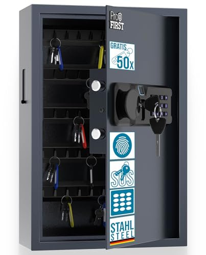 Profirst Schlüsseltresor LockGuard 50 Stahl Elektronikschloss LED Beleuchtung mechanische Notöffnung 5 verstellbare Hakenleisten 50 Haken Einwurfschlitz Innenbeleuchtung inkl. Befestigungsmaterial 50