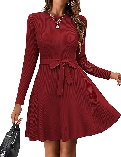 Hotouch klänning dam rund hals höstklänning elegant stickad klänning lång tröja klänning A-linje vinterklänning med bälte S-XXL, röd, XL