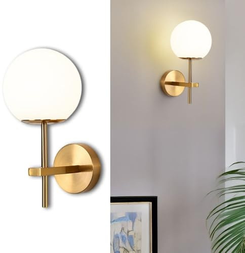 Aplique de Pared esférico, lámpara de Pared Moderna Dorada con Pantalla Redonda de Vidrio lechoso, lámpara de tocador Minimalista, lámpara Decorativa de Pared para Dormitorio, Sala de Estar,