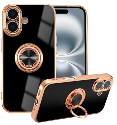 EYZUTAK Electroplated Magnetic Ring Holder Case for iPhone 17, 360 Degree Rotation Metal Anti-fall Finger Ring Kickstand Magnet Car Holder Slim Soft Silicone Shockproof Cover - Black
