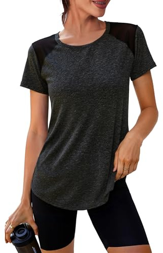 Crewhpo Women's Gym Shirts Short Sleeve Sports T-Shirt Lightweight Moisture Wicking Quick Dry Back Mesh Activewear Tees Running Tops A-Black