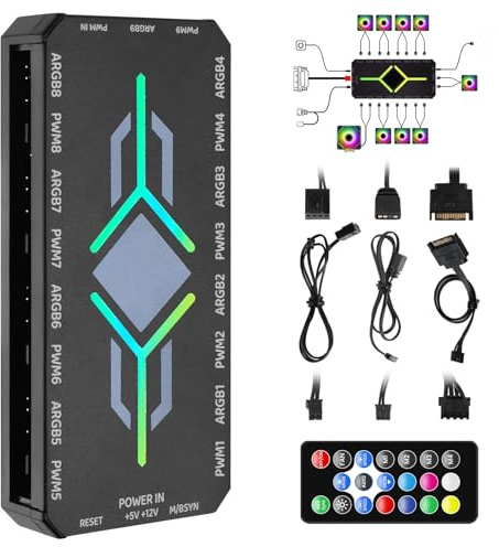 2 in 1 ARGB Fan Hub with Controller 9x5V 3-Pin ARGB 9x4-Pin PWM Ports Fan | PWM Fans Connector with Infinity Mirror, RGB PC Case Fan Hub with Magnetic Base, Adjustable Speed Cooling, SATA Power Remote