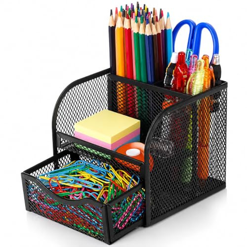 FORKLS Schreibtischorganizer – Metallgitter Stiftehalter mit 4 Fächern & Ausziehbarer Schublade, Kompakte Büroorganisation für Büro, Zuhause & Schule