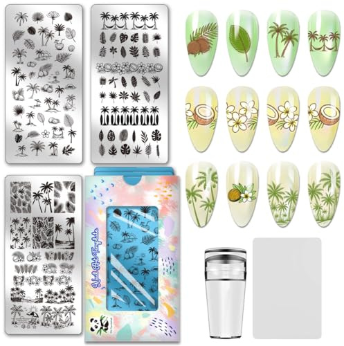 PH PandaHall 3pcs Plaques de Stamping pour Ongles Style Tropical Modèles de Nail Art Feuilles D'Arbre Cocotier Sable Plaque en Acier Inoxydable Pochoirs pour Manucures D'Été Design de Salon
