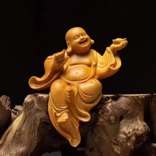 FENNYYAR Statua del Buddha Maitreya intagliato a mano, in legno di cipresso, 9 cm, scultura di Buddha sorridente per la decorazione della casa del soggiorno