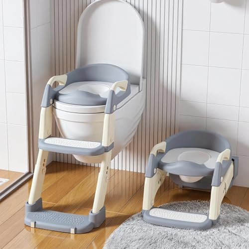 3 IN 1 Toilettensitz Kinder, Toilettenleiter für Kinder mit Treppe | 5 Verstellbare Positionen, PVC Gepolsterter & Griffe, Rutschfest & Spritzschutz, Faltbar und Leicht, für Jungen Mädchen Baby