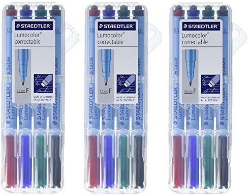 Staedtler Lumocolor 305 F WP4-1 Folienstift, correctable, trocken korrigierbar, 3 Set mit 4 Farben (F-Spitze | 4er Set, Mehrfarbig, 12)