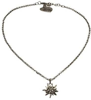 Trachtenkette mit Strass-Edelweiß klein - Damen Dirndlkette mit Kristallstein, Metallkette Edelweiss für Trachtenbluse & Lederhose,Trachtenschmuck zum Oktoberfest,Dirndl-Schmuck (antik-silber-farben)