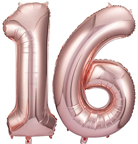 Rose Gold 16 Number Balloons Big Giant Jumbo Large Number 16 Foil Mylar Balloons for Girl Boy Men Sweet 16th Birthday Party Supplies 16 Anniversary Events Decorations-40 inch