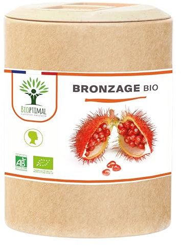 Autobronzant Naturel - Activateur Accélérateur de Bronzage de la Peau - Poudre Urucum Bio - Vegan - Made in France - Certifié Ecocert - 200 gélules