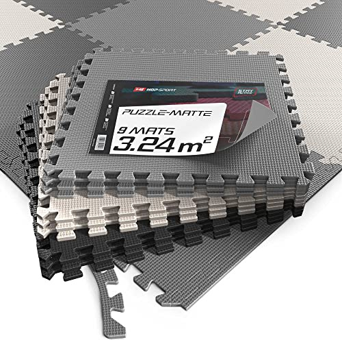 Hop-Sport Puzzlematte 9er Set - Unterlegmatte für Fitnessgeräte als rutschfester Bodenschutz - Größe 60 x 60 x 1 cm (Schwarz/Weiß/Grau)