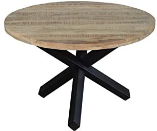 SAM Runder Esszimmertisch 140 cm Runis, Mangoholz massiv & naturfarben, Esstisch im Used-Look, schwarzer Metallfuß in Sternform, aufgedoppelte Tischplatte 50 mm (25+25mm)