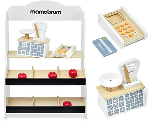 mamabrum Kinderholzshop, Minimarkt mit Waage, Terminal, Zahlungskarte und Früchte, Kindermarkenständer, Spielzeug-Shop für Accessoires, Spielladen für Kinder