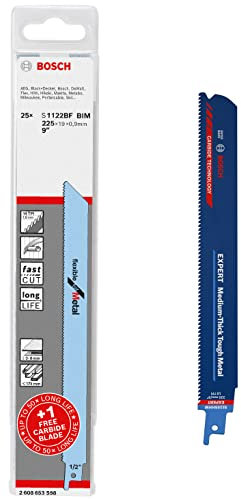 Bosch Professional 25x S 1122 BF + 1x Expert Medium-Thick Tough Metal’ S 1155 HHM Säbelsägeblatt (für Zäher Stahl, Edelstahlbleche, Zubehör Säbelsäge)