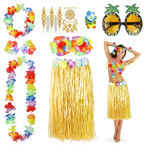 YAOYIN 9 Stück Hawaii Party Kostüme Set, Hawaii Kostüm Damen, Hula Rock Haarblume Blumenkette Ananas Sonnenbrille Blume-Armbänder Blumen-BH klebetattoos, Faschingskostüme Damen für Beachparty Deko