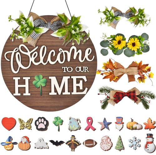 Türdeko Haustür Willkommensschild türkranz ganzjährig - Welcome to Our Home Holzschild Kranz, Auswechselbar willkommen Schild mit 4 Saisonale Blumen und 20 Urlaubssymbole für Haustüren, Deko Garten