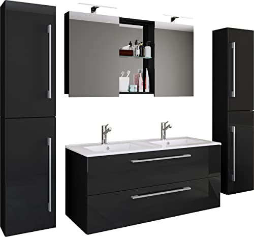 VCM 5-TLG. Doppel Waschplatz | 2X Waschtisch | Badmöbel Set mit Unterschrank, Waschbecken, 2X Hochschrank und Spiegelschrank | Doppelwaschbecken | Komplettset Budasi SC