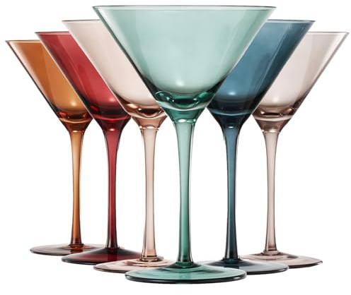 Colored Martini & Cocktail Crystal Glasses - 10oz | Set of 6 | Cute Pastel Muted Crystal Cocktail Glassware, Unique Gift Wife, Her, Mom, Friend Cocktails, Red & White Tall Stemmed Drinkware, Gifts