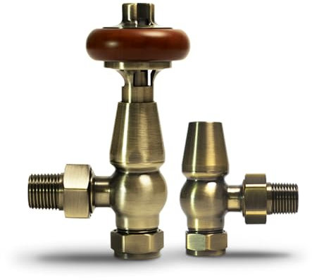 VANCOCO Traditional Angled Radiator Valves 1/2×15mm, Brass Thermostatic Valve with Solid Wood Handwheel, Cast Iron Antique TRV Pair (Antique Brass)