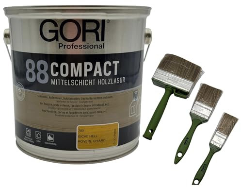 zbs24 Gori 88 Compactlasur eiche hell 0,75 Liter Holzschutzlasur, tropfgehemmte Mittelschichtlasur, inkl. 3-teiliges Pinselset zur einfachen Verarbeitung der Lasur