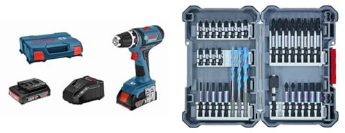 Bosch Professional 18V System Akku-Bohrschrauber GSR 18-2-LI (inkl. Akku, Ladegerät, L-Case) + 35tlg. MultiConstruction Bohrer- und Impact Control Schrauberbit-Set, Zubehör