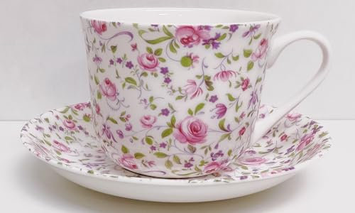 Rainbow Decors Royal Chelsea Rose Cup & Saucer Fine Bone China Jumbo 425ml 15oz Pink and Purple Flowers Floral Set Hand Decorated UK