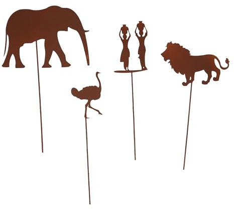 UNUS Gartenstecker Rost Afrika Tiere und Frauen im 4er Set