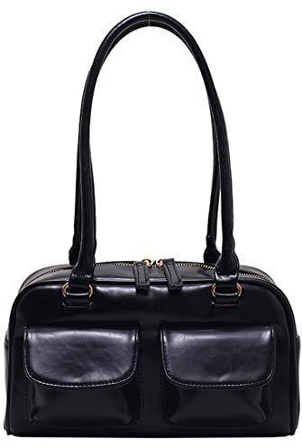 LYEAA Retro Schulter Taschen Doppel Tasche PU Leder Schulter Handtaschen Mode Solide Top-griff Taschen Casual Reißverschluss Tragbare Damen Geldbörsen, Schwarz, 380x310x150mm/14.96x12.2x5.91inch