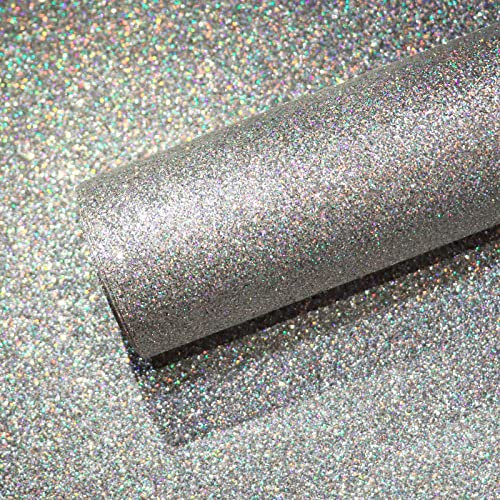 VEELIKE Silver Glitter Wallpaper 40cm×900cm Sparkle Fabric Contact Paper for Kitchen Vinyl Wrap for Furniture Stickers Self-Adhesive Sticky Back Plastic Vinyl Cabinet Cover Lining Paper for Drawers