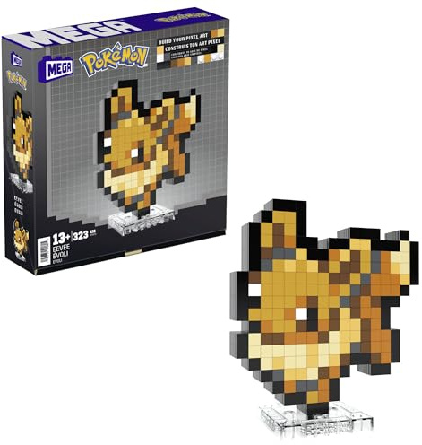 MEGA Pokémon Actionfigur-Bauset, Evoli mit 323 Teilen im Retro-Pixelstil, ideal als Tisch- oder Wanddeko, Spielzeug für Sammler zum Zusammenbauen und Präsentieren, HTH78